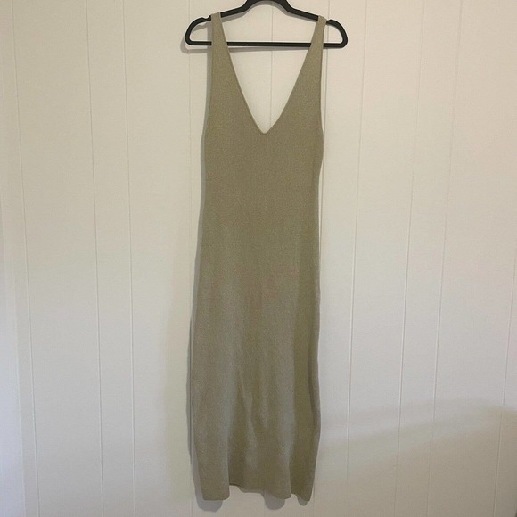 Free People Beach Daniela Ribbed Knit Midi Dress Size M Deep V Neck Beige Tan - Picture 3 of 13